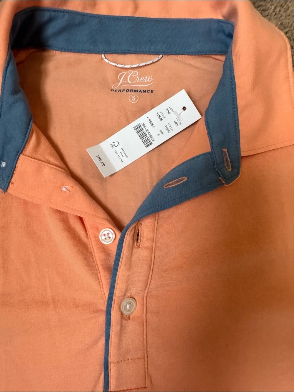 Crew Performance Polo Shirt Men’s Small Orange Coral Blue Trim NWT